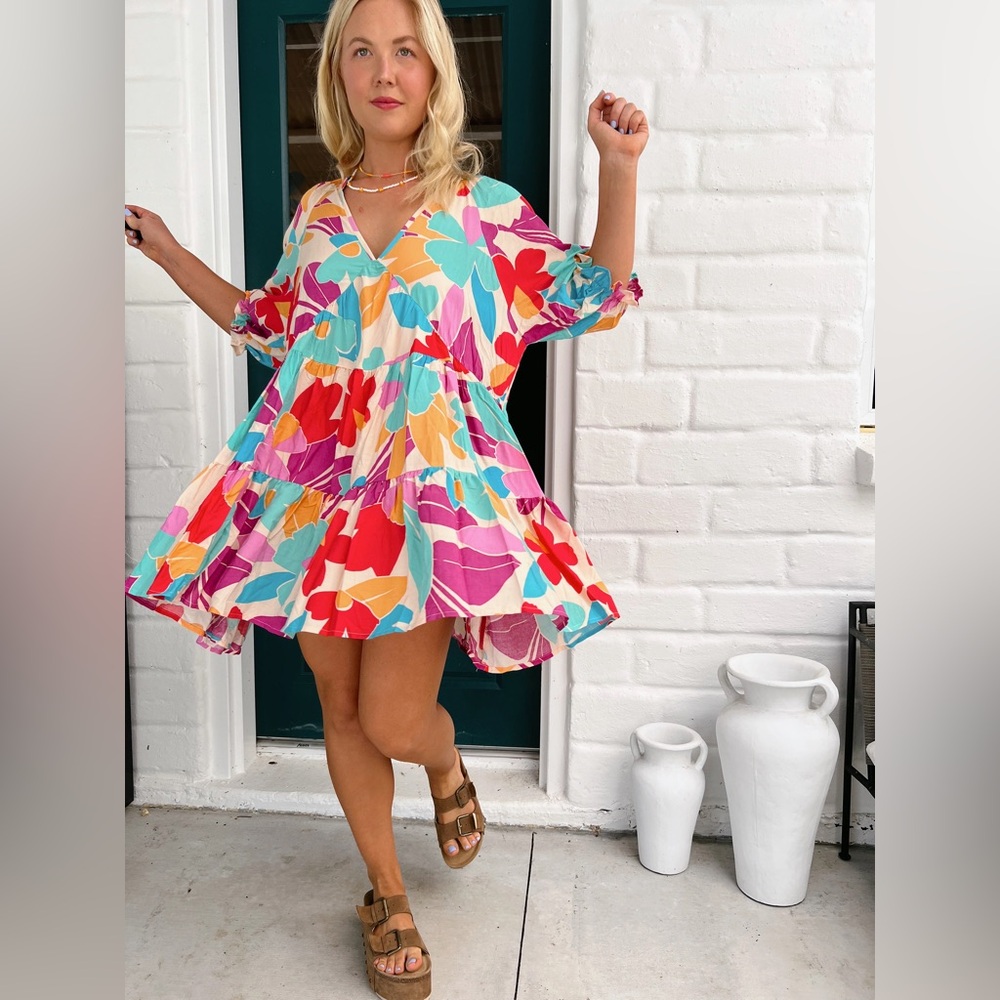 Vibrant Floral Mini Dress with Puff Sleeves